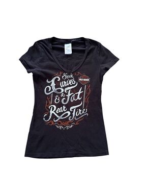 Harley Davidson Women’s XS Graphic V Neck T Shirt Black Biker Motorcycle Tee